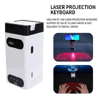 Laser projection keyboard with USB link and BT link features, shown with images of use and text on a white background.
