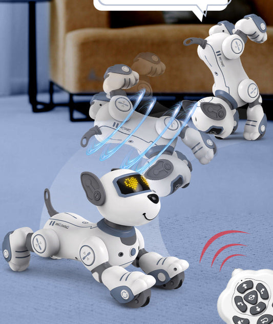 Toy robot dog with remote control on a blue surface