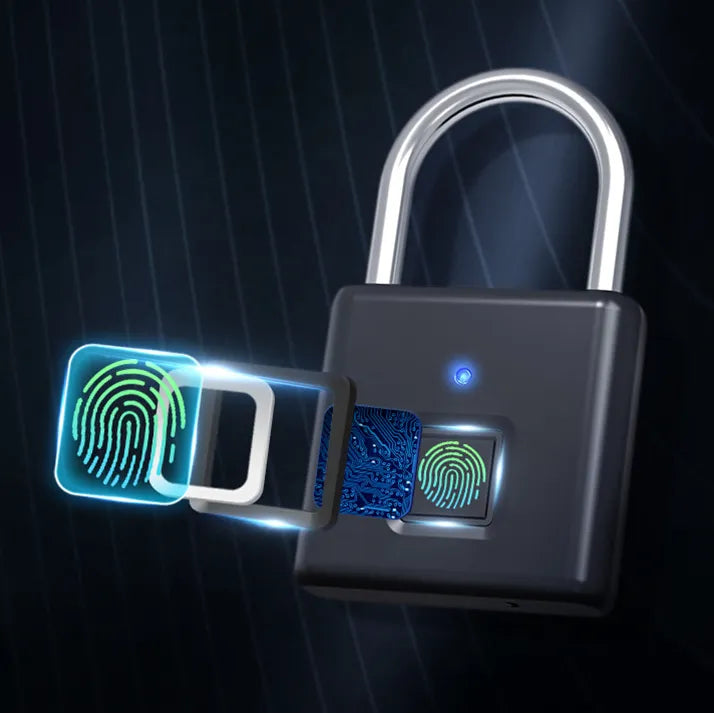 Fingerprint lock with glowing green and blue elements on a dark background