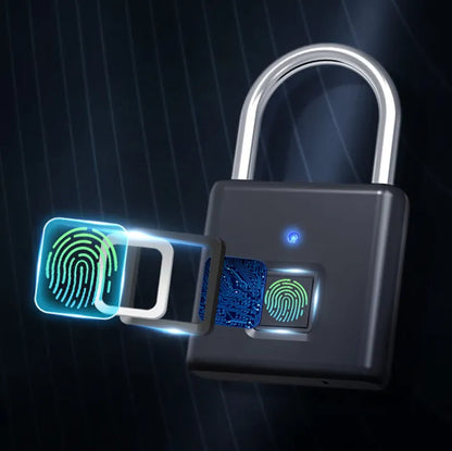 Fingerprint lock with glowing green and blue elements on a dark background