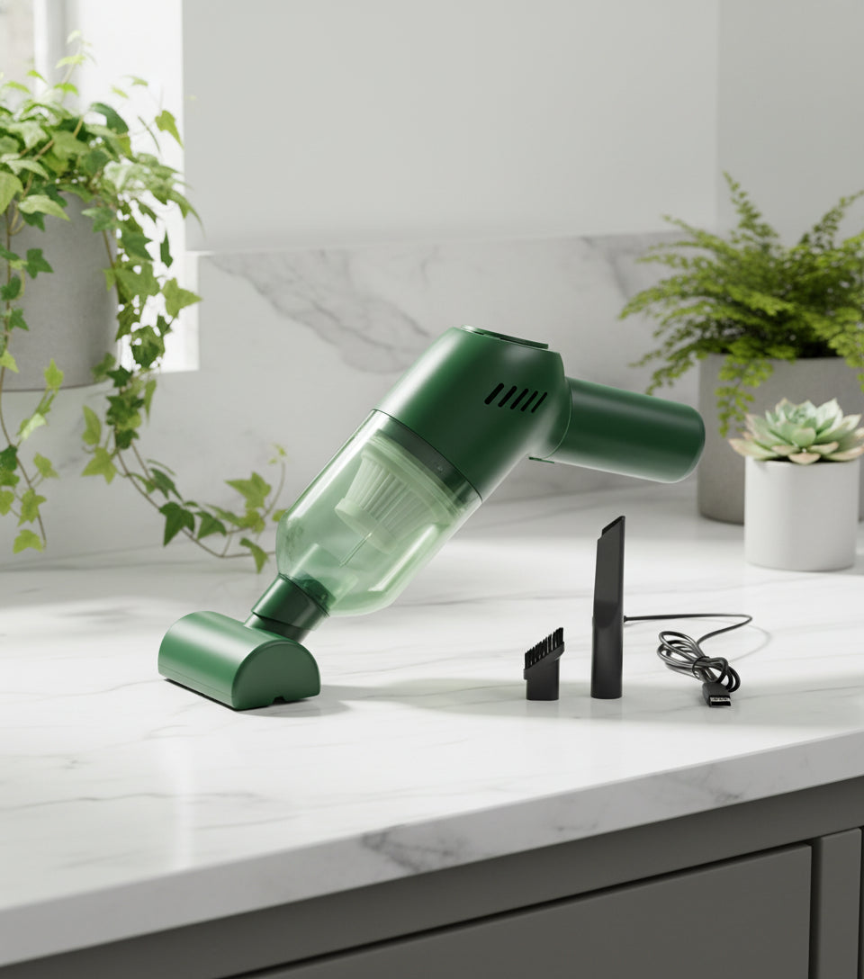 Green handheld vacuum cleaner with attachments on a white background