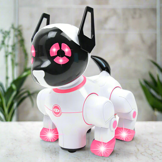 Toy robot dog with black and pink design on a white background