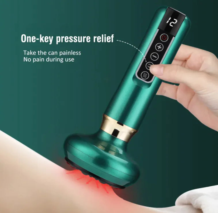 Green handheld device with digital display being used on a person's leg against a dark green background.