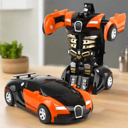 Toy robot transforming from car to robot on a white background