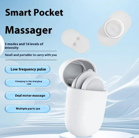 Smart pocket massager with features listed on a light blue background
