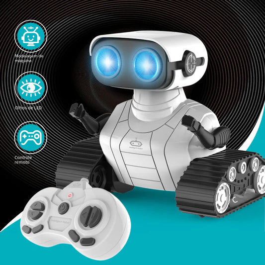 Toy robot with blue lights and remote control on a black and teal background