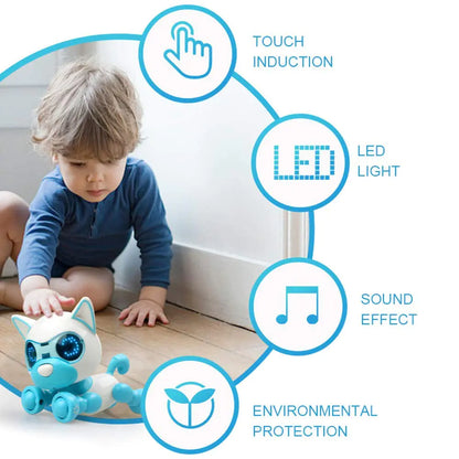 Child playing with a toy cat, surrounded by icons indicating touch induction, LED light, sound effect, and environmental protection.