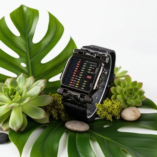 Two black LED watches on a white background