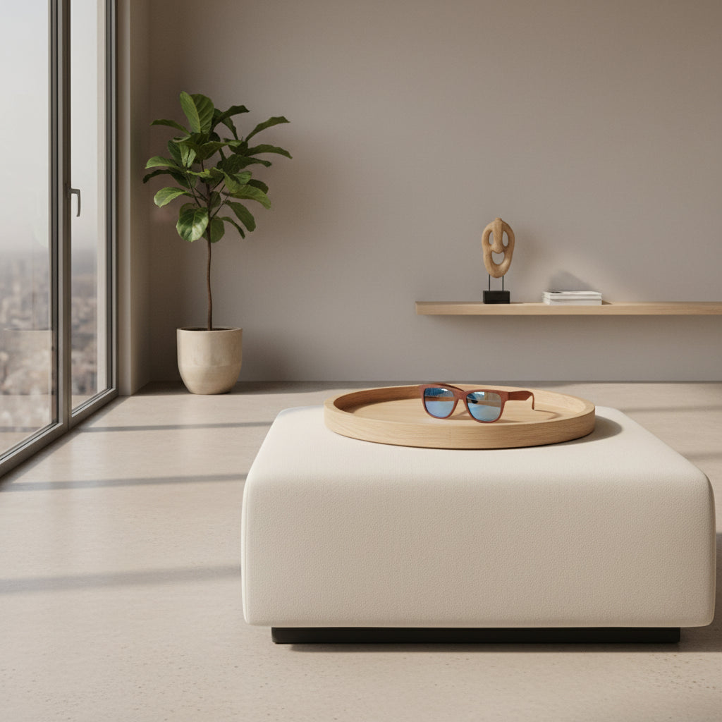 Sunglasses with a wooden frame and blue lenses on a white background