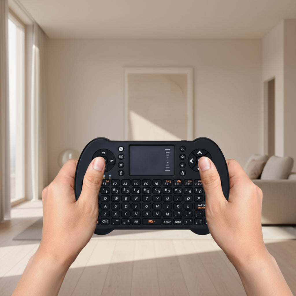 Handheld keyboard with additional devices like mouse, remote, and game controller on a white background
