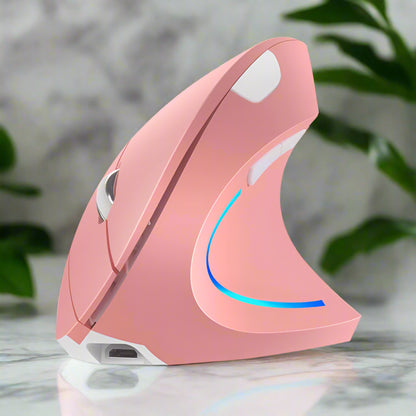 Pink shark fin-shaped mouse with LED lights on a white background