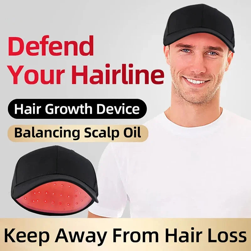 Man wearing a black cap with a hair growth device, text about hair care products.