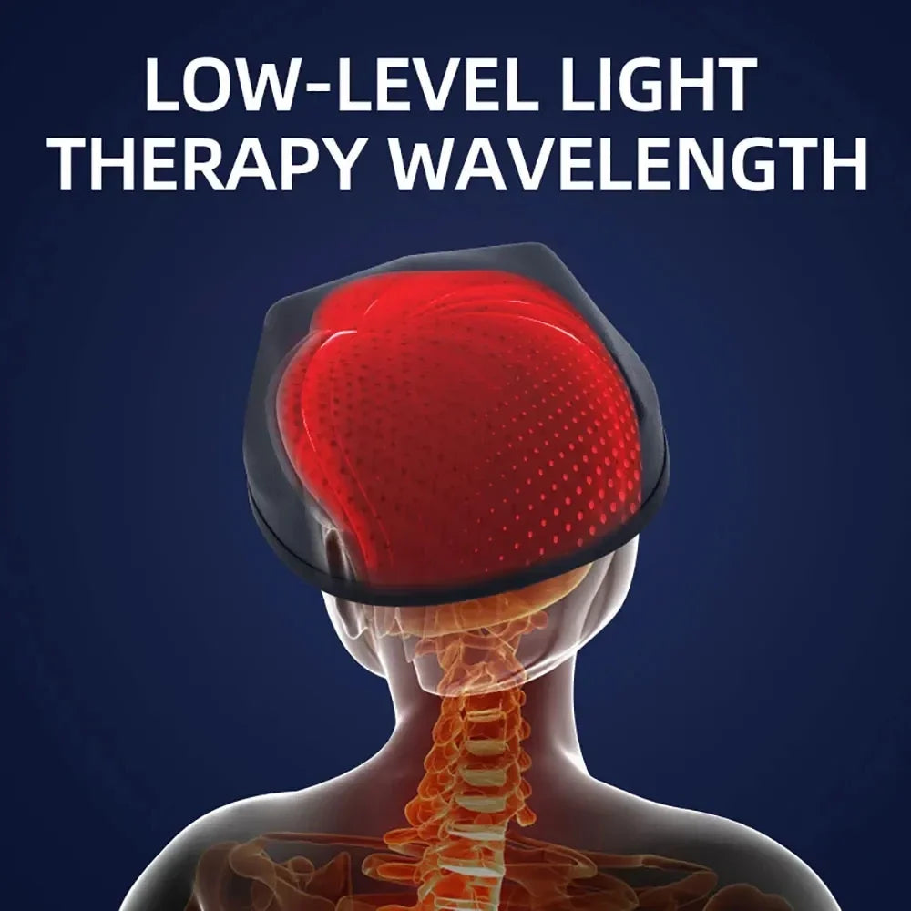 Illustration of a headband with red light emitting from it, over a transparent figure of a person's head and neck, on a dark blue background with text 'LOW-LEVEL LIGHT THERAPY WAVELENGTH'.