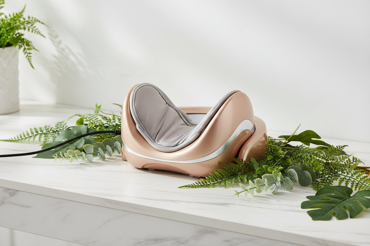 Massage device with visual representation of muscle tension and relief on a white background