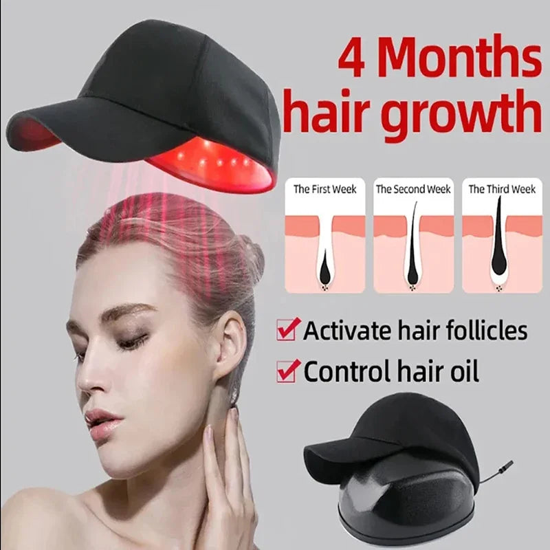 Hair growth device with a woman's head, showing hair growth stages and benefits.