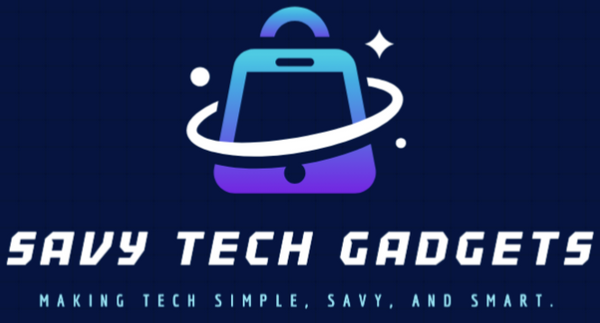 Logo of Savy Tech Gadgets with a stylized phone and tagline on a dark blue background