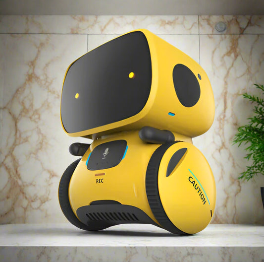 Yellow early education robot with black screen on a white background