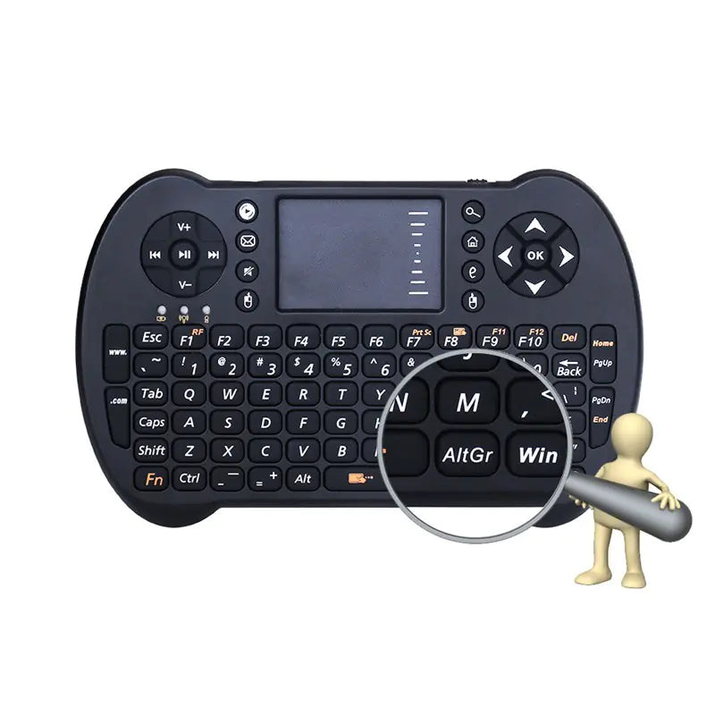 Black handheld keyboard with a magnifying glass highlighting keys on a white background