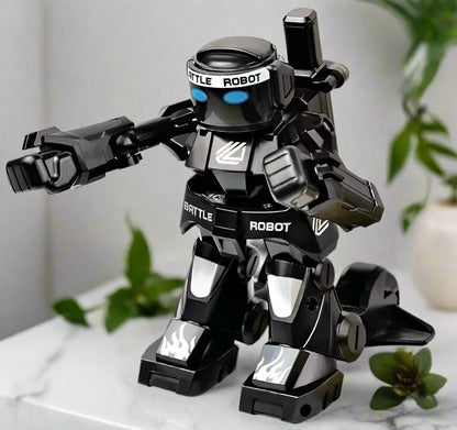 Black toy robot with 'Battle Robot' text on a white background