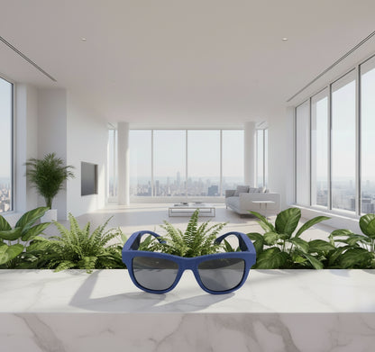 Blue sunglasses with dark lenses on a white background