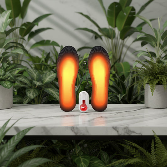 Heated shoe insoles with a temperature gauge showing 50 degrees Celsius on a white background.