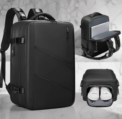 Black backpack with shoe compartment on a white background