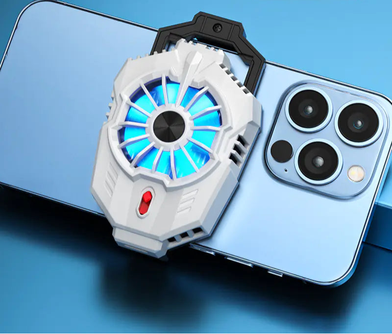 Phone cooling pad with glowing blue center on a smartphone, against a blue background