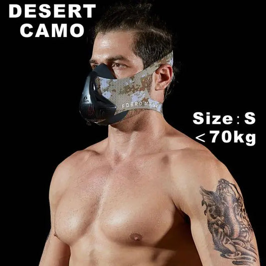 Man wearing a desert camo mask with text indicating size S and weight limit on a black background