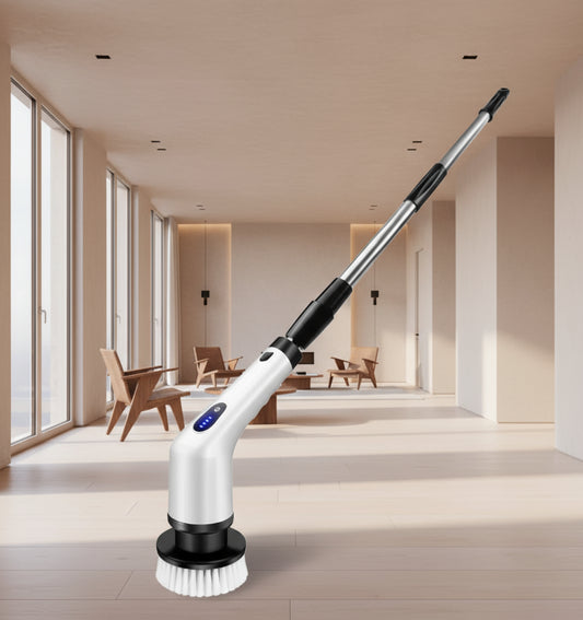 White cleaning brush with extendable handle on a white background