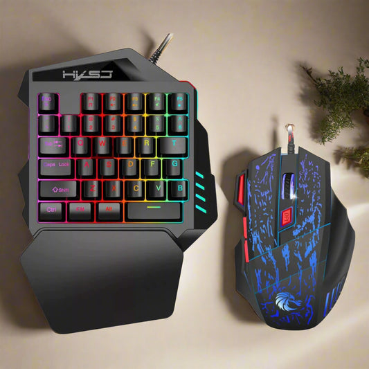 Gaming keyboard and mouse set with RGB lighting on a white background