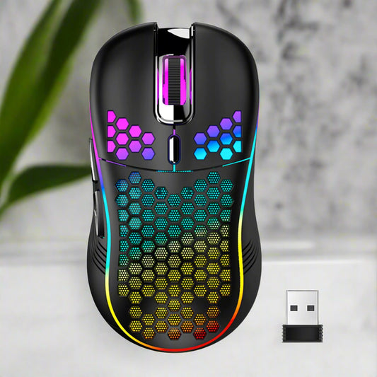Gaming mouse with RGB lighting and USB receiver on a white background
