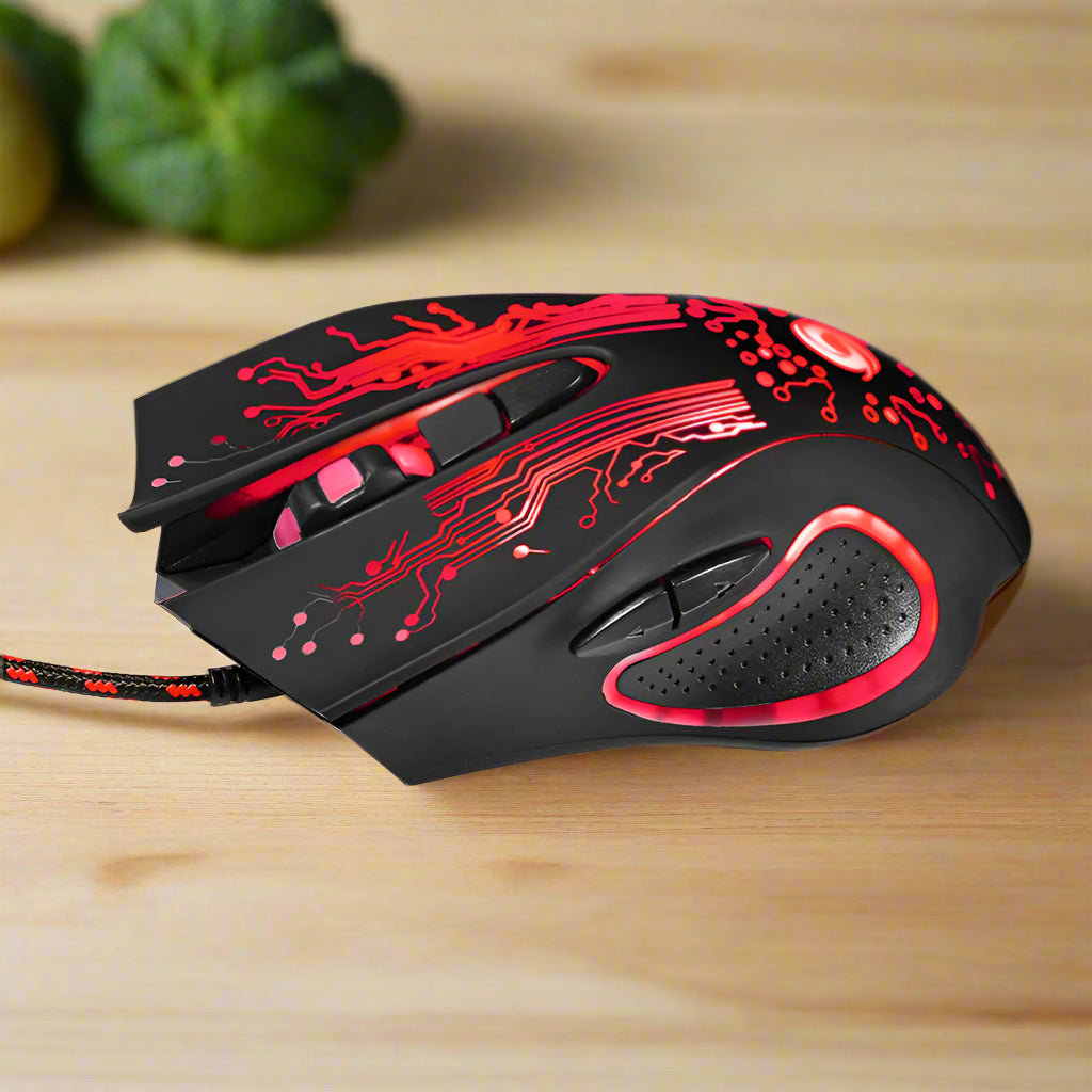 Black and red gaming mouse on a white background