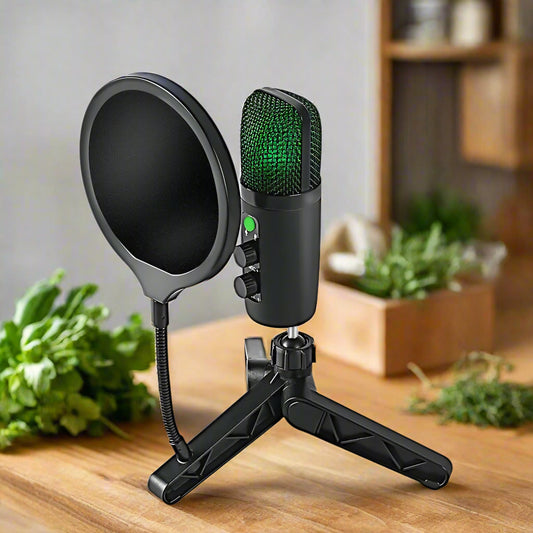 Microphone with pop filter and stand on a white background