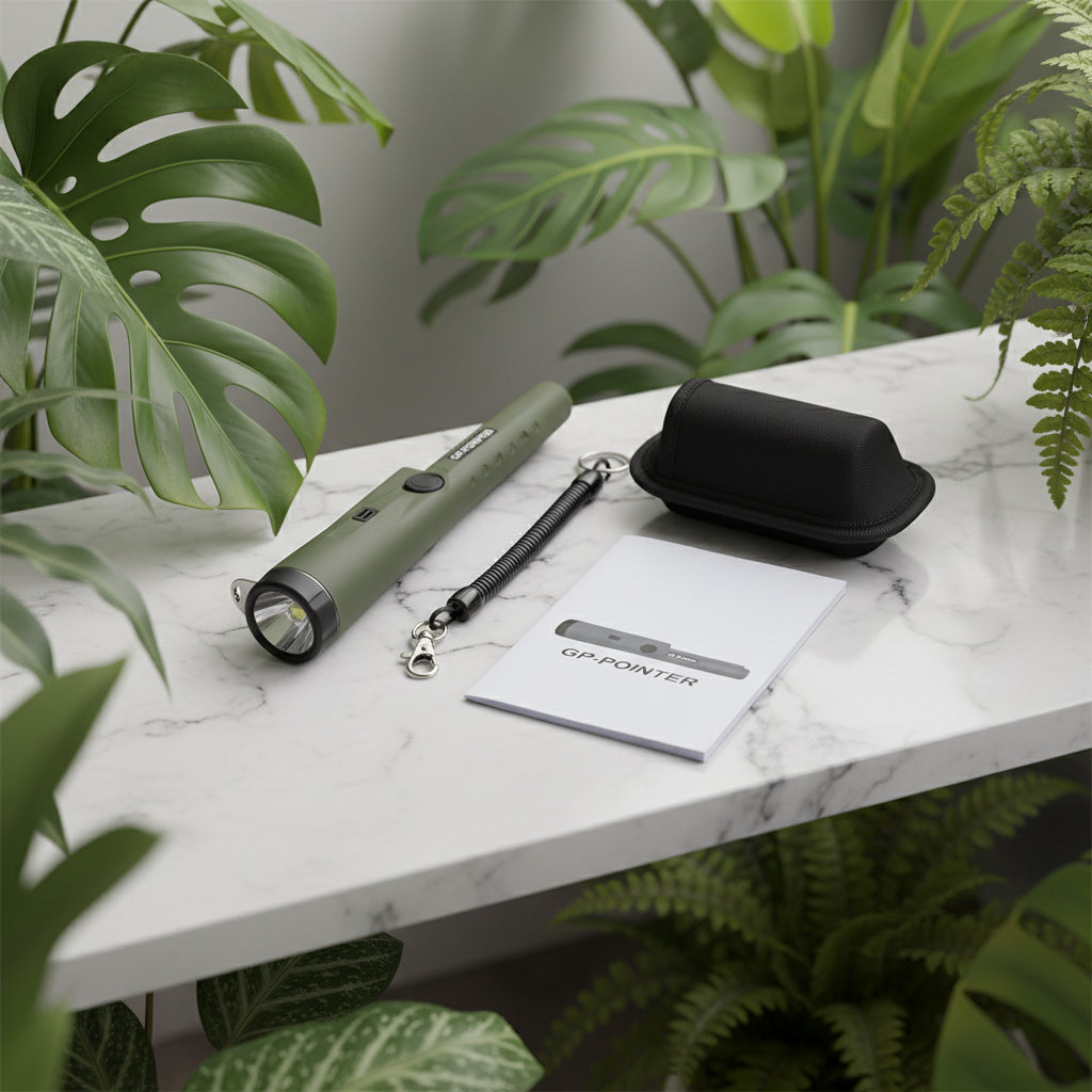 ArmyGreen metal detector with lanyard, case, and user manual on a white background