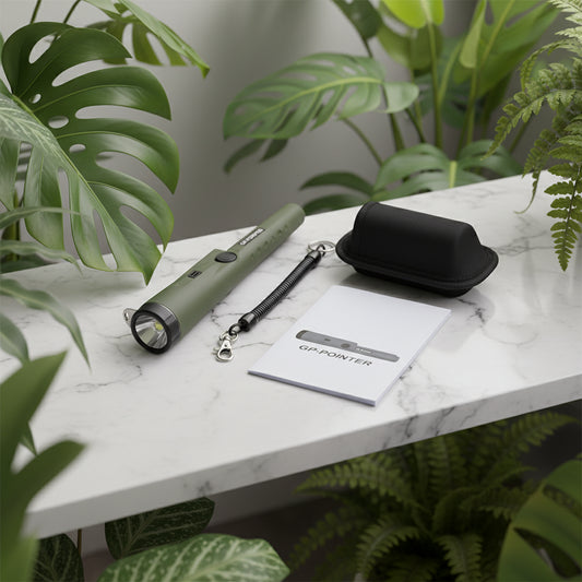 ArmyGreen metal detector with lanyard, case, and user manual on a white background