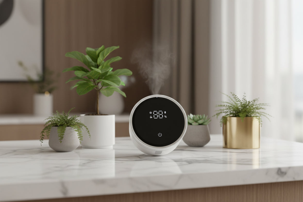 Round digital device with black display on a white background