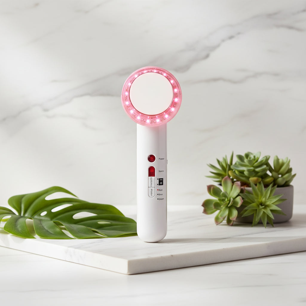 Handheld device with a circular light on a white background