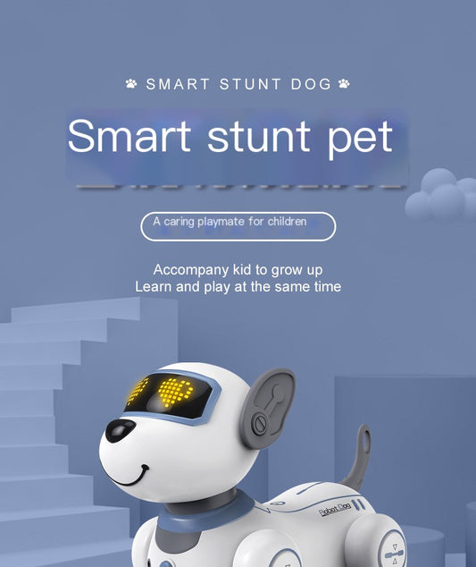 Smart stunt dog toy with text on a blue background