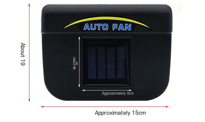 Black auto fan with dimensions indicated on a white background