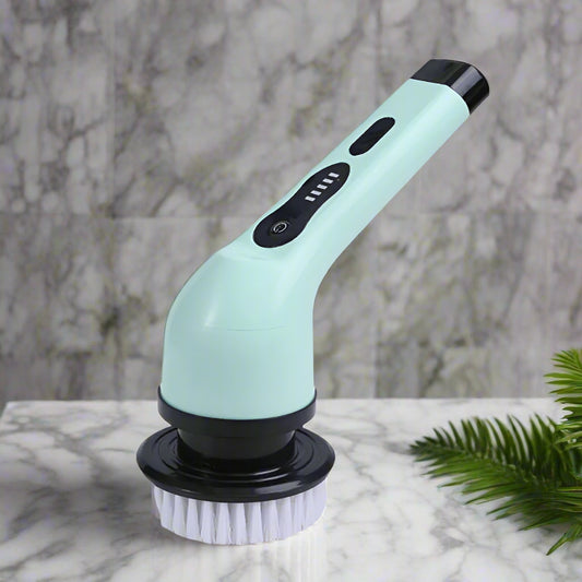 Turquoise cleaning brush with black handle on a white background