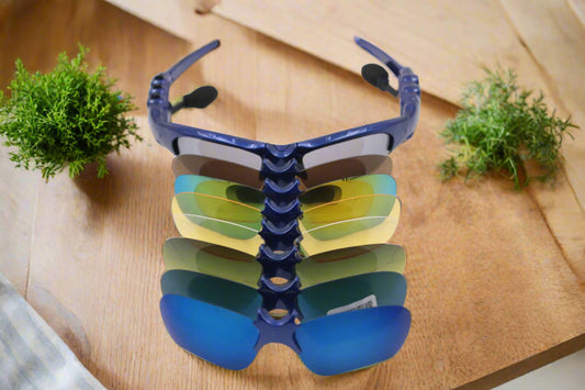 Multicolored sunglasses with blue frame on a white background