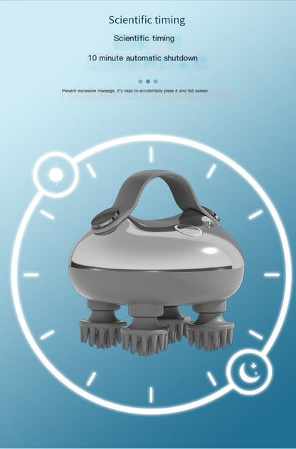 Shower head with scientific timing features on a blue background