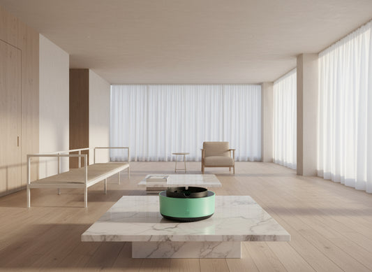 Green and black electronic anti smell smoking ash tray device on a white background