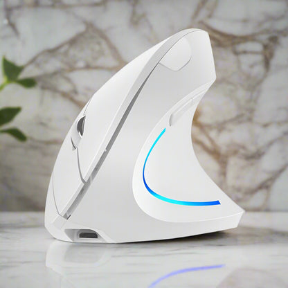 White ergonomic mouse with blue light on a white background