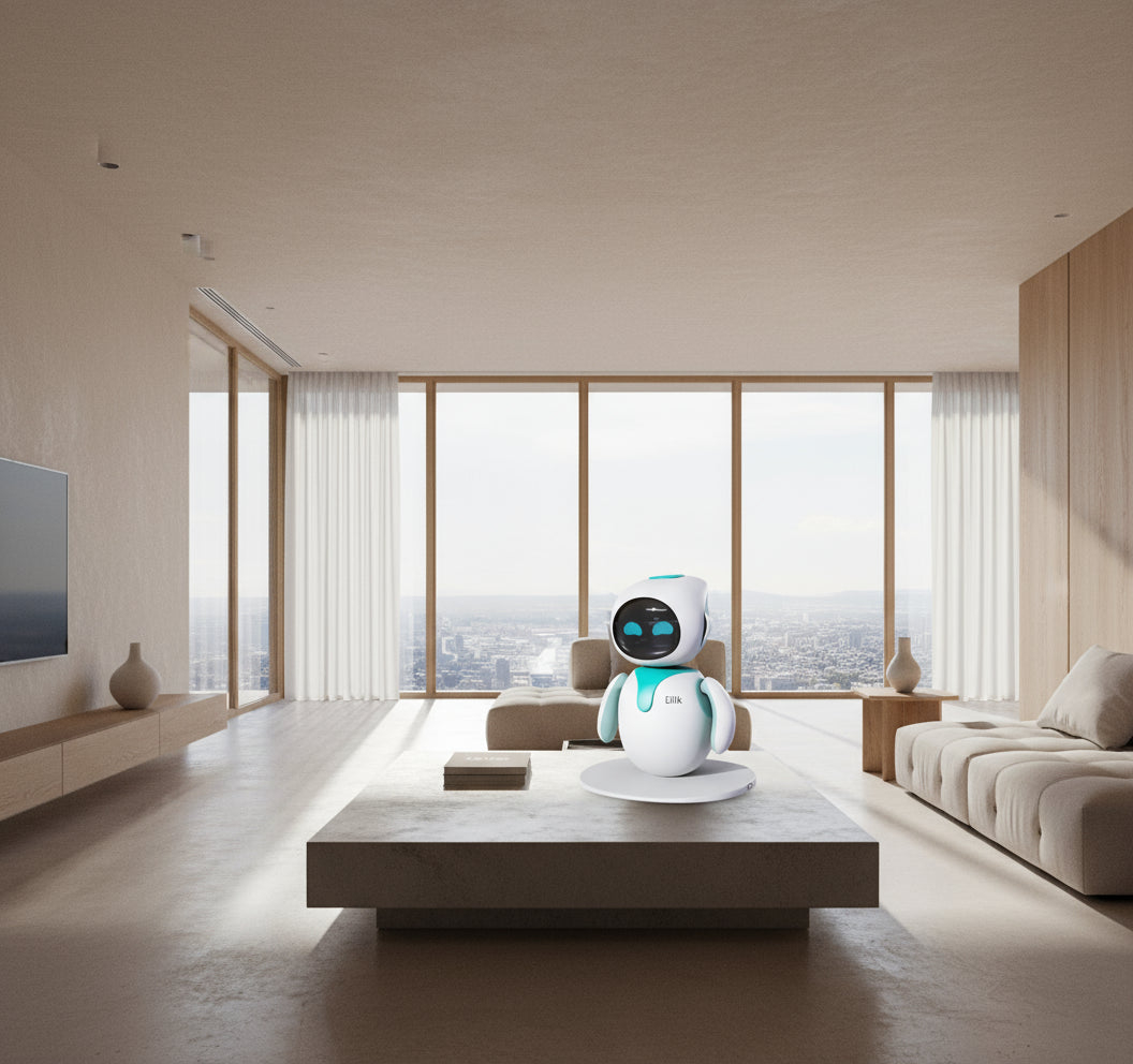 White and blue robot with 'Eilik' branding on a white background