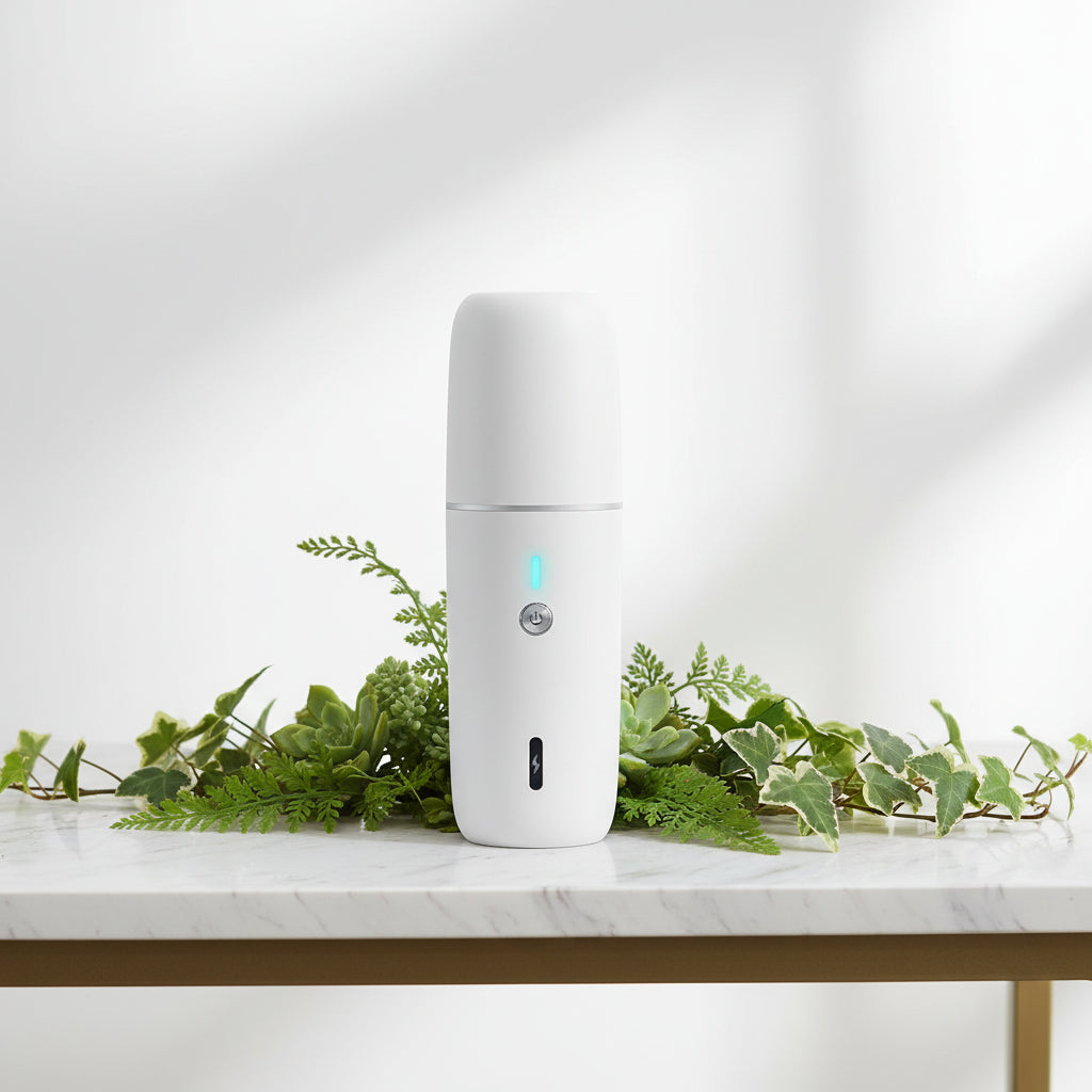 White electronic device with a blue light on a white background