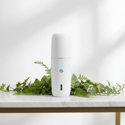 White electronic device with a blue light on a white background