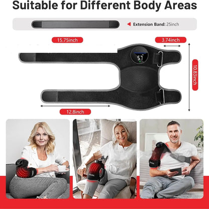 Black electronic device with measurement display, suitable for different body areas, shown with people using it.