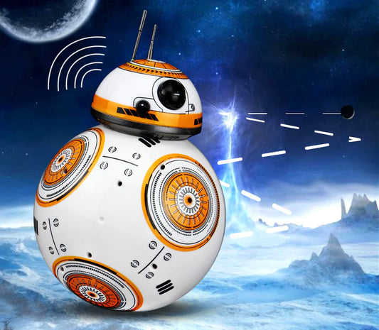 White and orange bb8 robot-like figure with wireless signal icon against a space-themed background