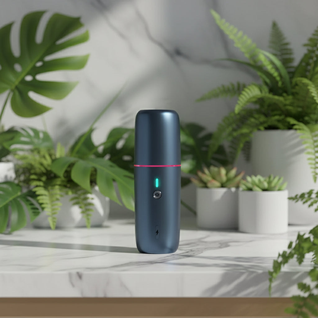 Navy blue electronic vacuum wireless device with a red accent on a white background